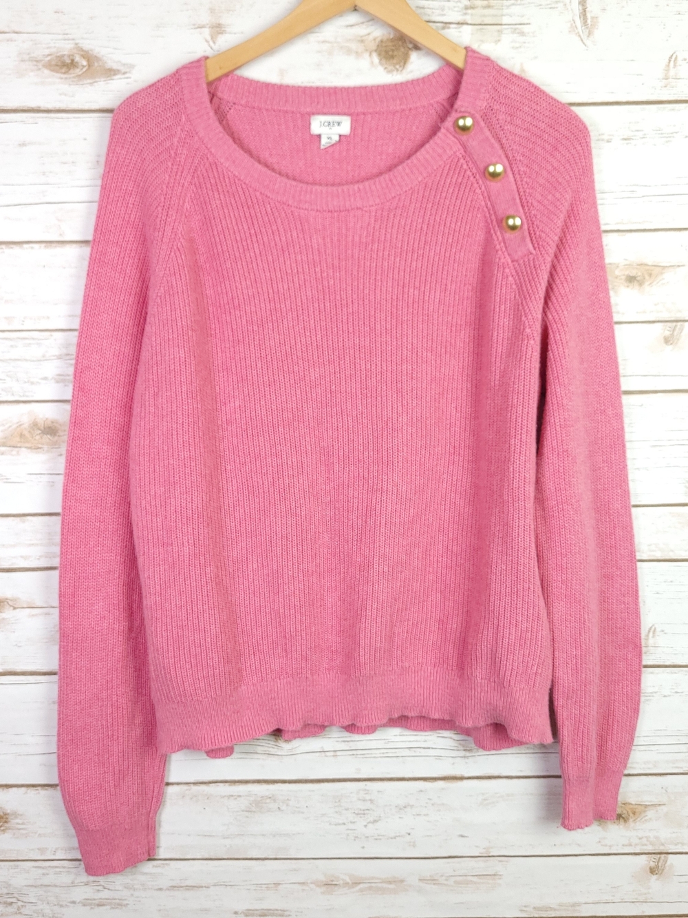 J. Crew Rose Pink Crewneck Sweater with Gold Shoulder Buttons Xlarge